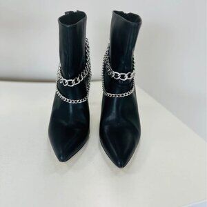 BCBG black ankle boots with silver chains, size 7.5